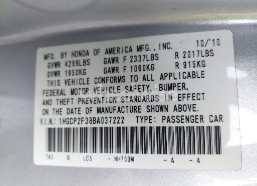Photo 9 of 2011 Honda Accord 2.4 LX (VIN 1HGCP2F38BA037222)