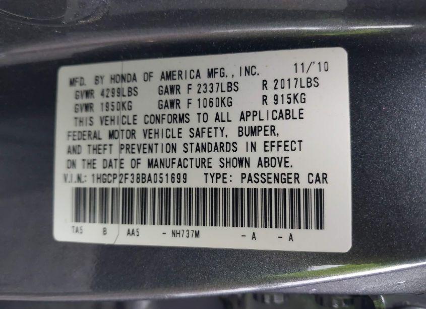 Photo 9 of 2011 Honda Accord 2.4 LX (VIN 1HGCP2F38BA051699)