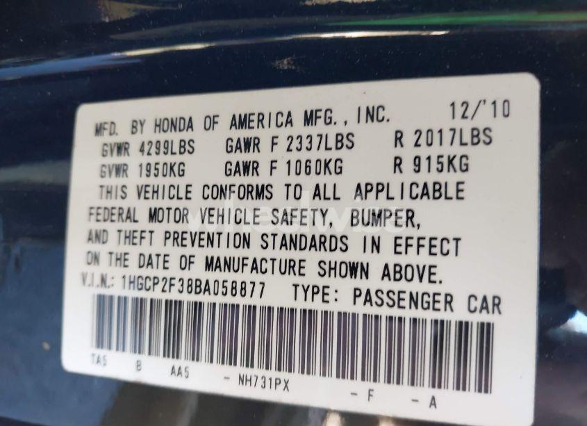 Photo 9 of 2011 Honda Accord 2.4 LX (VIN 1HGCP2F38BA058877)