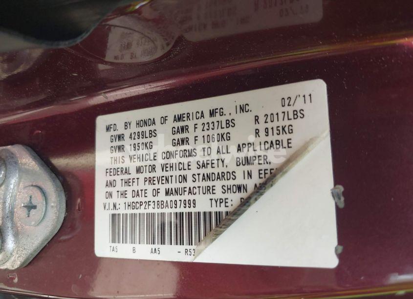 Photo 9 of 2011 Honda Accord 2.4 LX (VIN 1HGCP2F38BA097999)