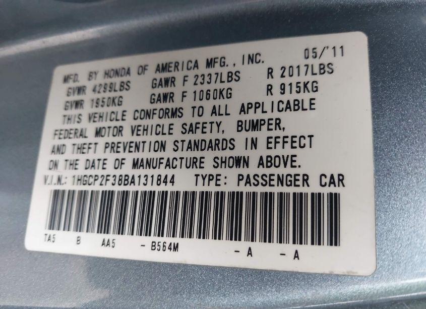 Photo 9 of 2011 Honda Accord 2.4 LX (VIN 1HGCP2F38BA131844)