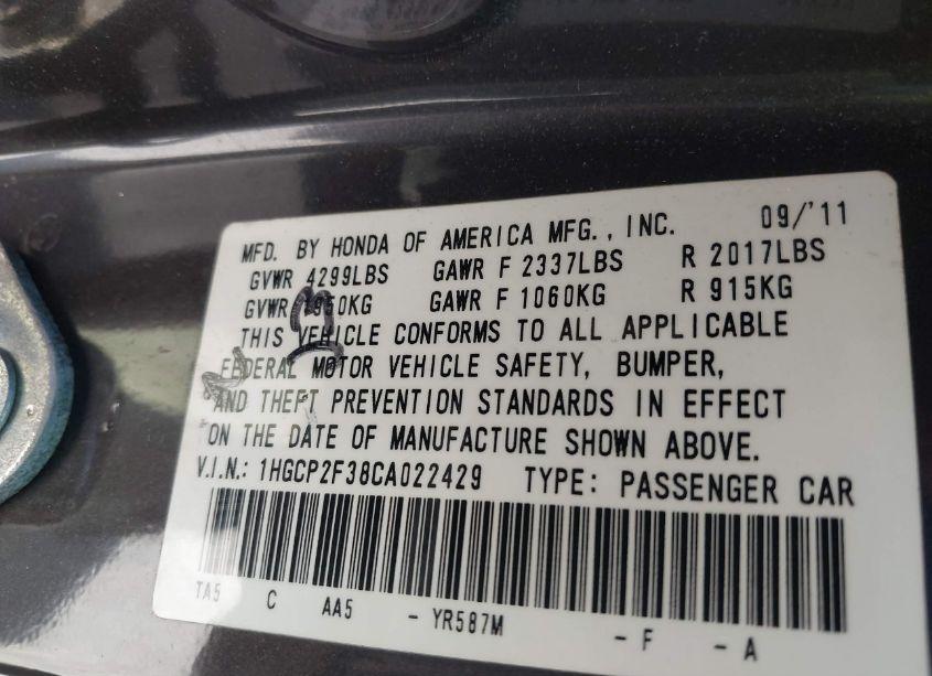 Photo 9 of 2012 Honda Accord 2.4 LX (VIN 1HGCP2F38CA022429)