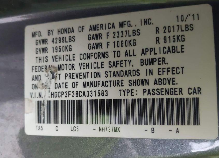 Photo 9 of 2012 Honda Accord 2.4 LX (VIN 1HGCP2F38CA031583)