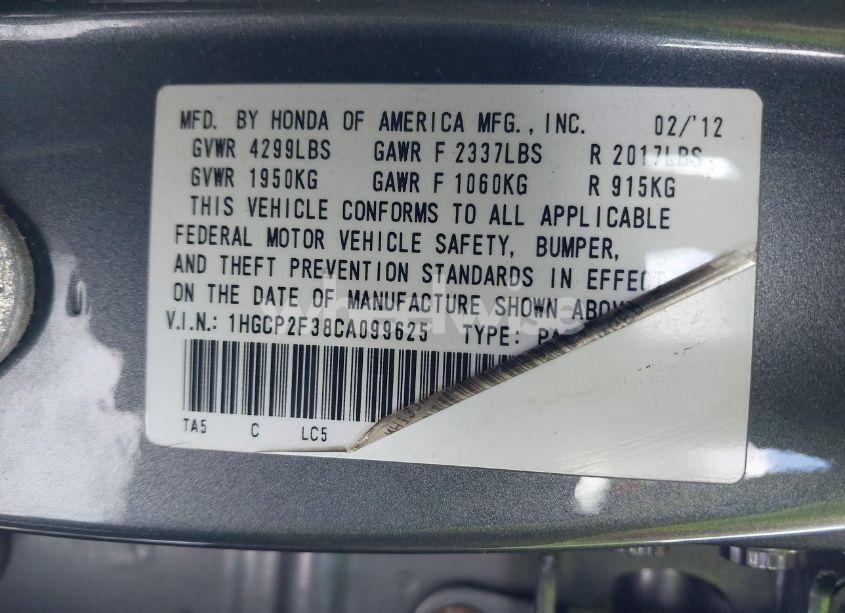 Photo 9 of 2012 Honda Accord 2.4 LX (VIN 1HGCP2F38CA099625)