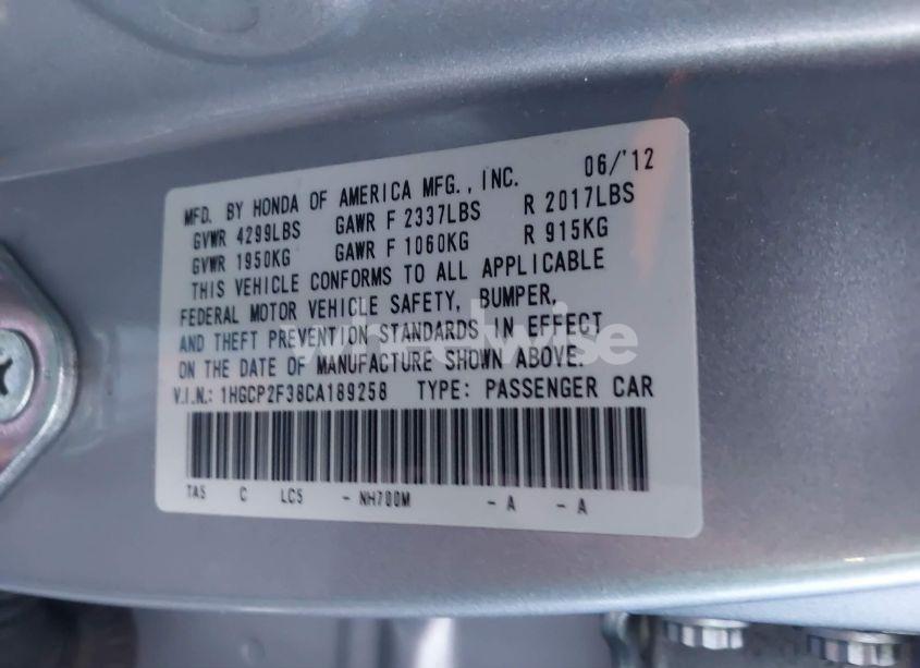 Photo 9 of 2012 Honda Accord 2.4 LX (VIN 1HGCP2F38CA189258)
