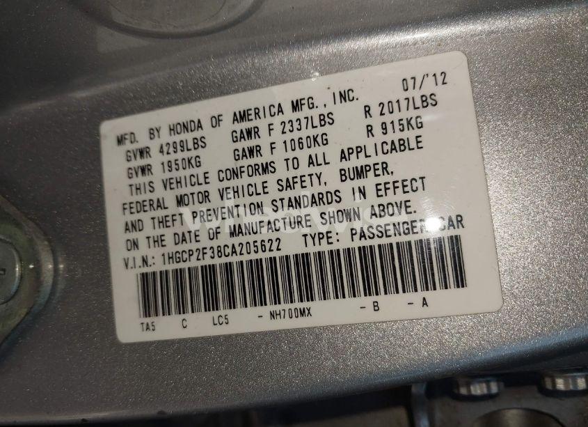 Photo 9 of 2012 Honda Accord 2.4 LX (VIN 1HGCP2F38CA205622)