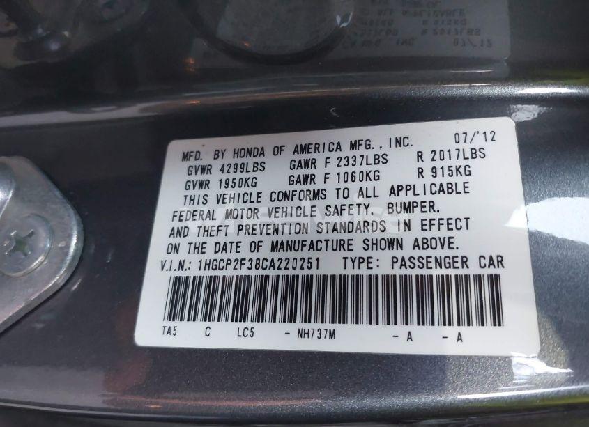 Photo 9 of 2012 Honda Accord 2.4 LX (VIN 1HGCP2F38CA220251)