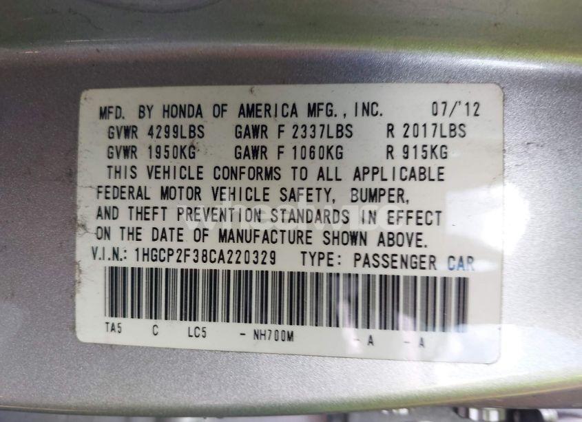 Photo 9 of 2012 Honda Accord 2.4 LX (VIN 1HGCP2F38CA220329)