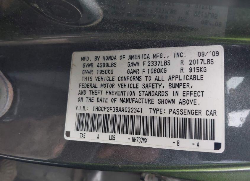 Photo 9 of 2010 Honda Accord 2.4 LX (VIN 1HGCP2F39AA022341)