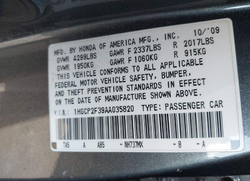Photo 9 of 2010 Honda Accord 2.4 LX (VIN 1HGCP2F39AA035820)