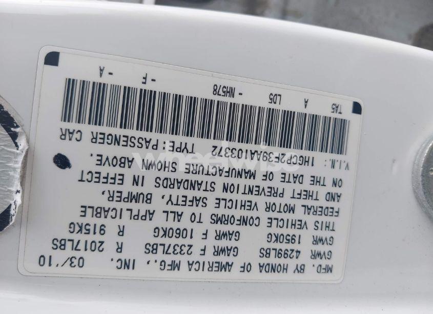 Photo 9 of 2010 Honda Accord 2.4 LX (VIN 1HGCP2F39AA103372)