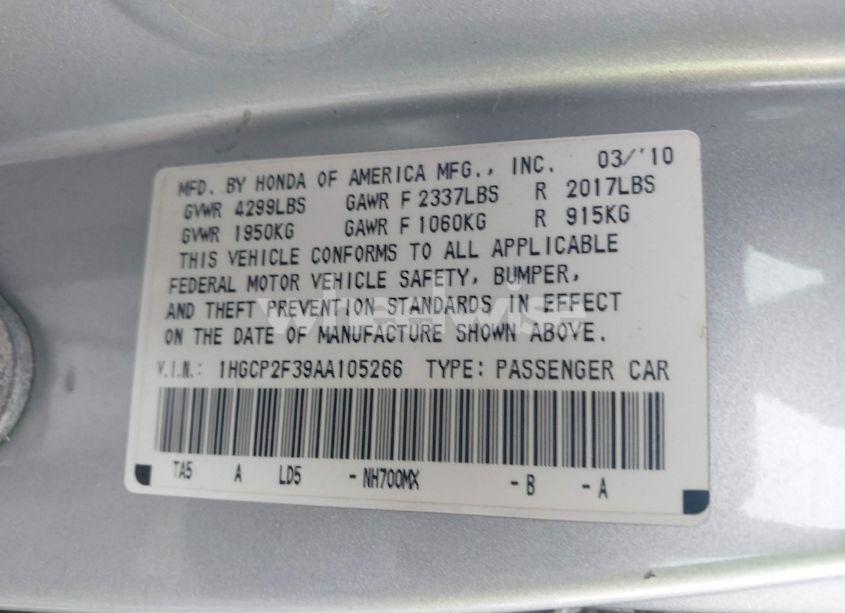 Photo 9 of 2010 Honda Accord 2.4 LX (VIN 1HGCP2F39AA105266)