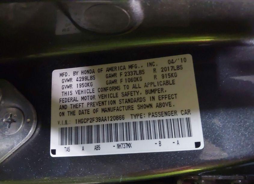 Photo 9 of 2010 Honda Accord 2.4 LX (VIN 1HGCP2F39AA120866)