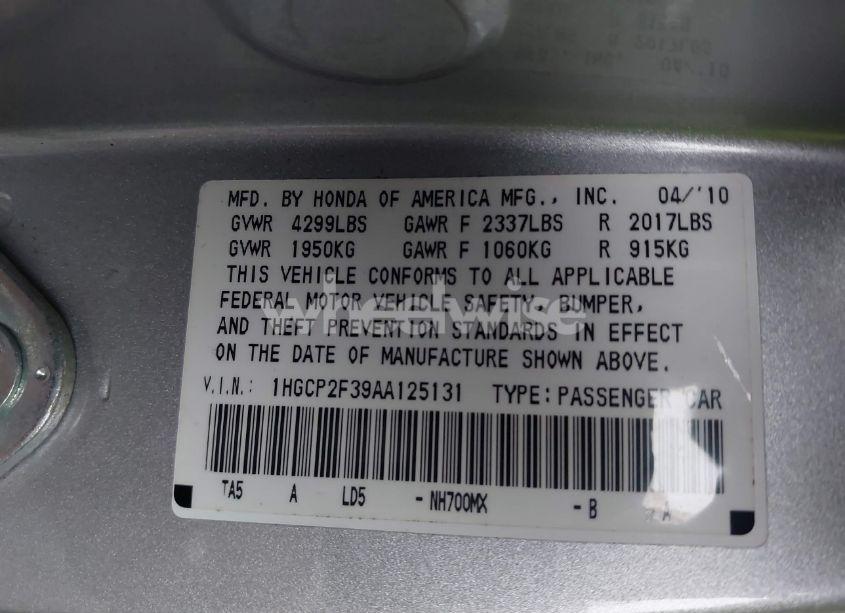 Photo 9 of 2010 Honda Accord 2.4 LX (VIN 1HGCP2F39AA125131)