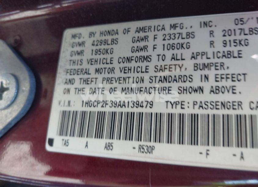 Photo 9 of 2010 Honda Accord 2.4 LX (VIN 1HGCP2F39AA139479)