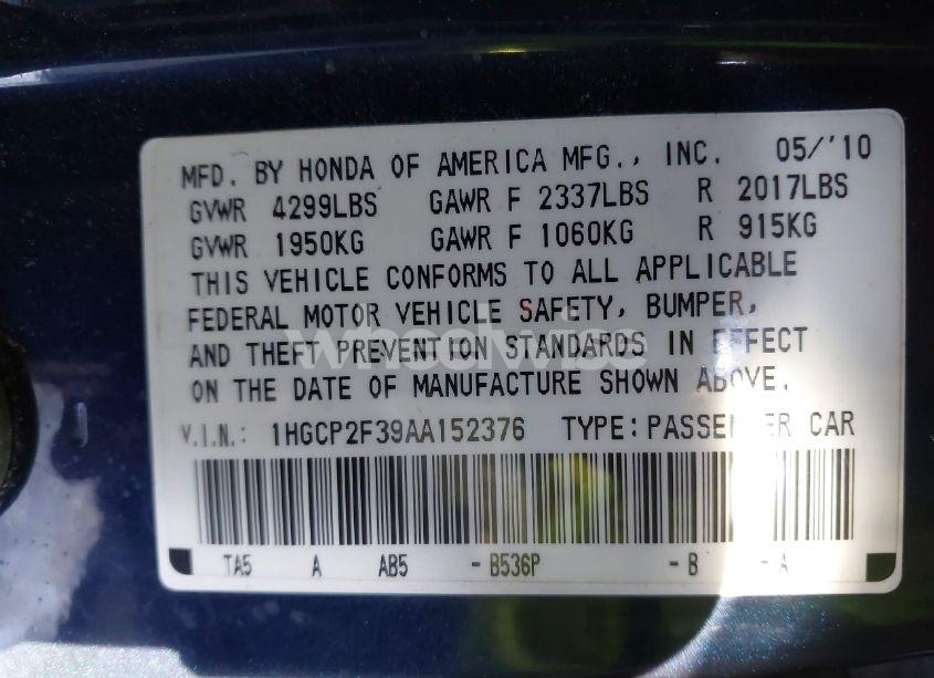 Photo 9 of 2010 Honda Accord SDN (VIN 1HGCP2F39AA152376)