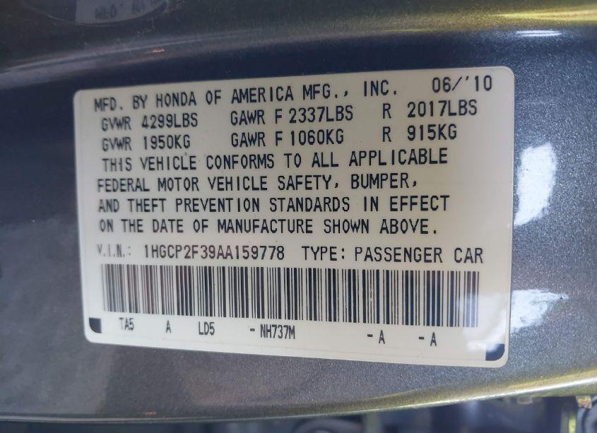 Photo 9 of 2010 Honda Accord 2.4 LX (VIN 1HGCP2F39AA159778)