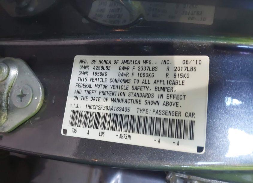 Photo 9 of 2010 Honda Accord 2.4 LX (VIN 1HGCP2F39AA169405)