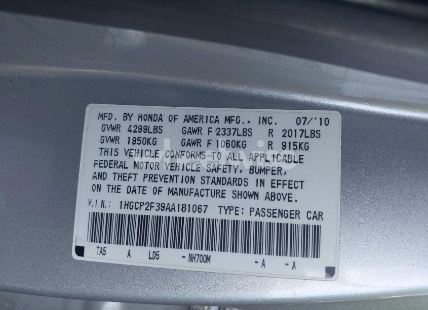 Photo 9 of 2010 Honda Accord 2.4 LX (VIN 1HGCP2F39AA181067)