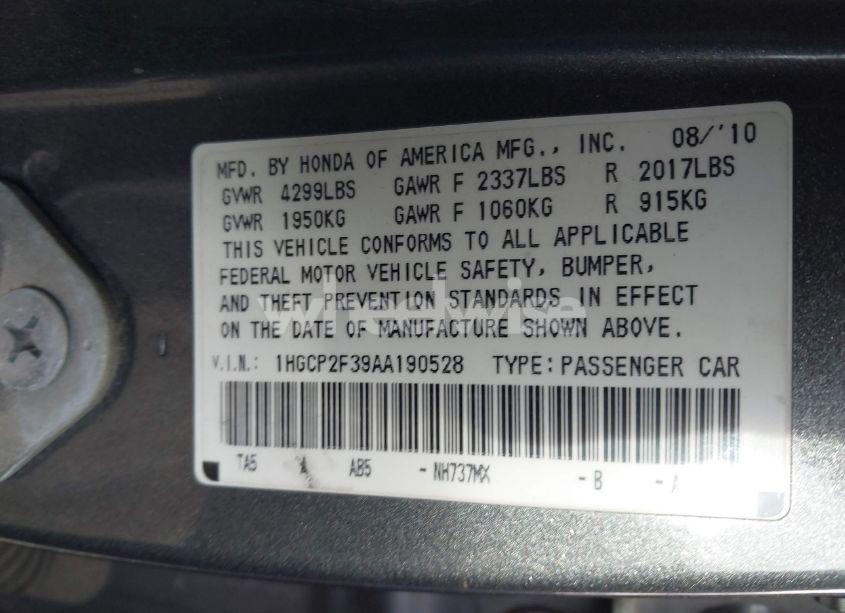 Photo 9 of 2010 Honda Accord 2.4 LX (VIN 1HGCP2F39AA190528)