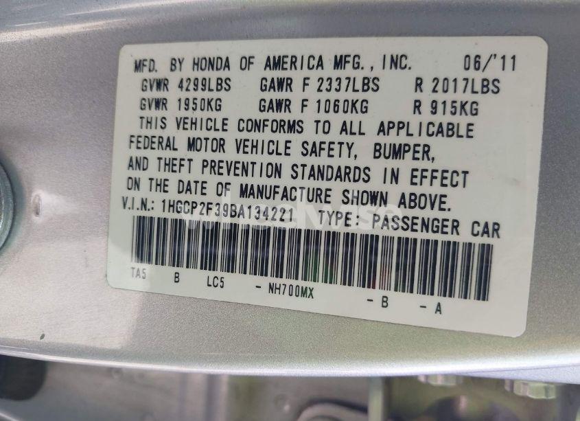 Photo 9 of 2011 Honda Accord 2.4 LX (VIN 1HGCP2F39BA134221)