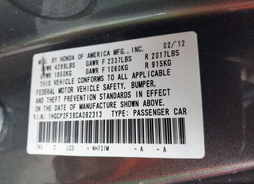 Photo 9 of 2012 Honda Accord 2.4 LX (VIN 1HGCP2F39CA092313)