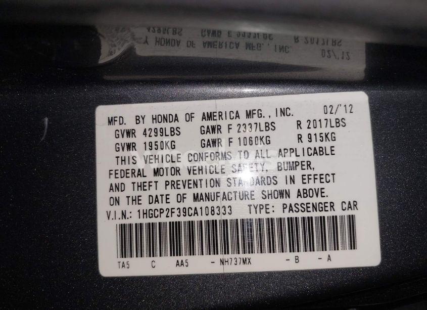 Photo 9 of 2012 Honda Accord 2.4 LX (VIN 1HGCP2F39CA108333)