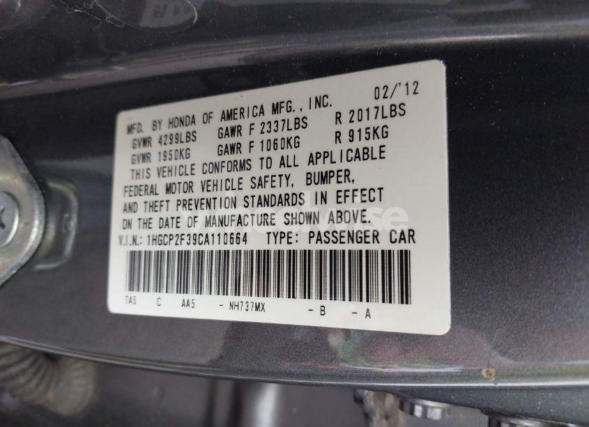 Photo 9 of 2012 Honda Accord 2.4 LX (VIN 1HGCP2F39CA110664)