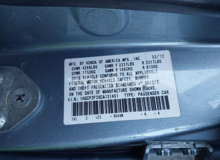 Photo 9 of 2012 Honda Accord 2.4 LX (VIN 1HGCP2F39CA131451)