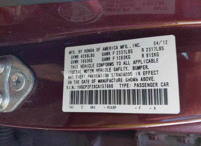 Photo 9 of 2012 Honda Accord 2.4 LX (VIN 1HGCP2F39CA157886)