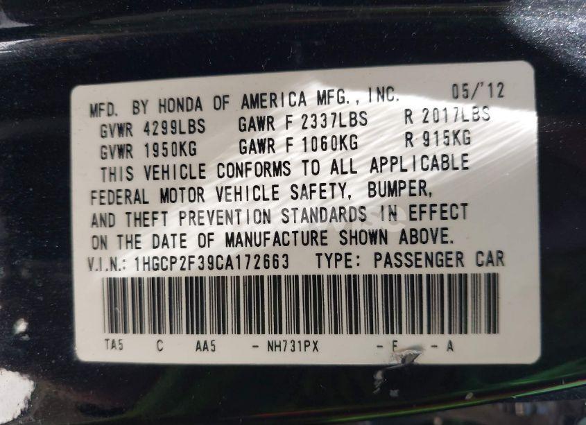 Photo 9 of 2012 Honda Accord 2.4 LX (VIN 1HGCP2F39CA172663)