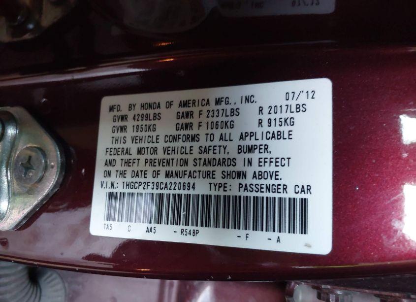 Photo 9 of 2012 Honda Accord 2.4 LX (VIN 1HGCP2F39CA220694)