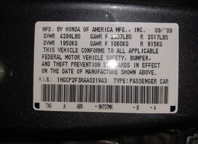 Photo 9 of 2010 Honda Accord 2.4 LX (VIN 1HGCP2F3XAA021943)