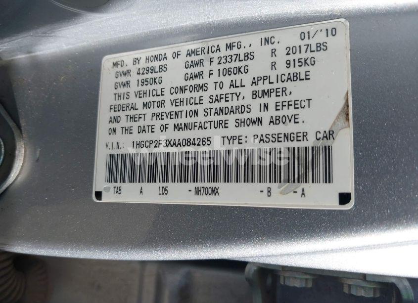 Photo 9 of 2010 Honda Accord 2.4 LX (VIN 1HGCP2F3XAA084265)