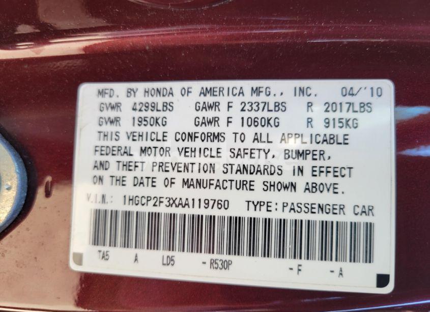 Photo 9 of 2010 Honda Accord LX (VIN 1HGCP2F3XAA119760)