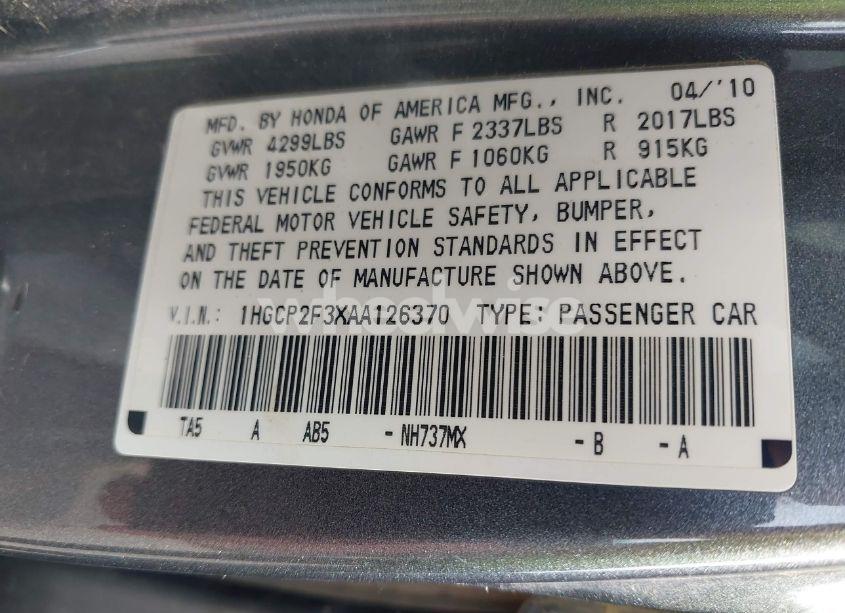 Photo 9 of 2010 Honda Accord 2.4 LX (VIN 1HGCP2F3XAA126370)