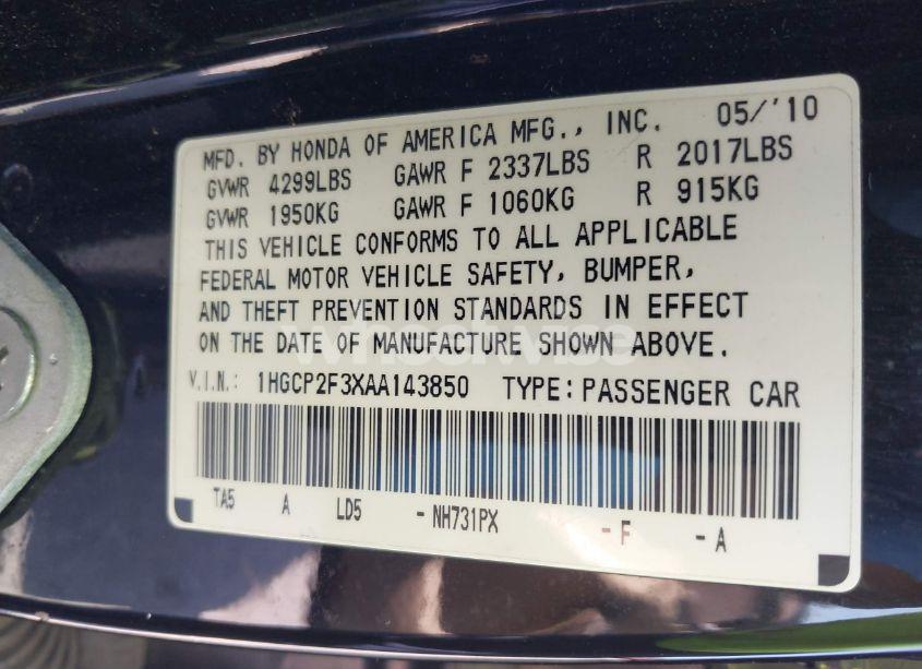 Photo 9 of 2010 Honda Accord 2.4 LX (VIN 1HGCP2F3XAA143850)