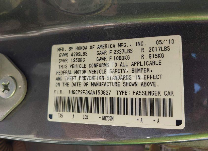 Photo 9 of 2010 Honda Accord 2.4 LX (VIN 1HGCP2F3XAA153827)