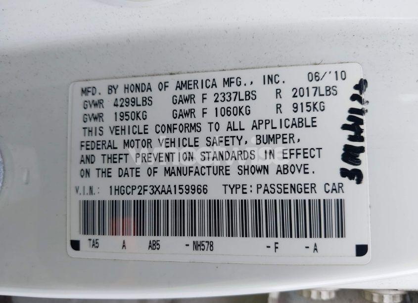 Photo 9 of 2010 Honda Accord 2.4 LX (VIN 1HGCP2F3XAA159966)