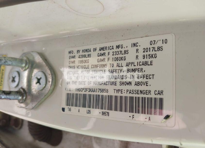 Photo 9 of 2010 Honda Accord 2.4 LX (VIN 1HGCP2F3XAA175858)