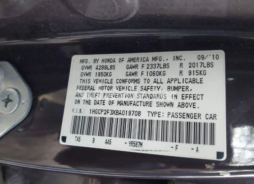 Photo 9 of 2011 Honda Accord 2.4 LX (VIN 1HGCP2F3XBA019708)
