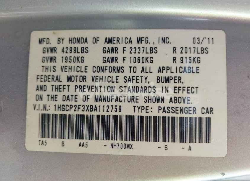 Photo 9 of 2011 Honda Accord 2.4 LX (VIN 1HGCP2F3XBA112759)