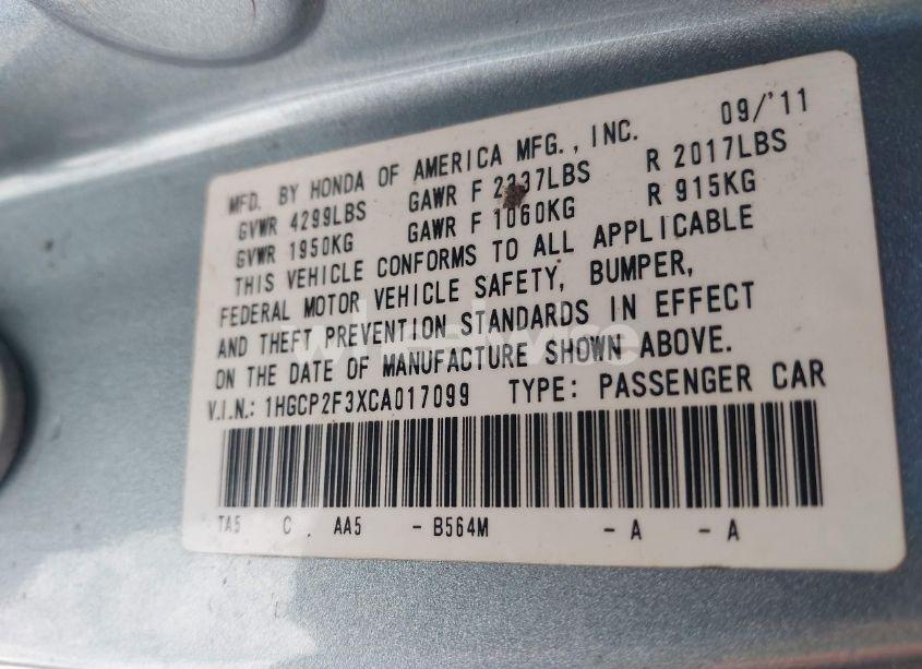 Photo 9 of 2012 Honda Accord 2.4 LX (VIN 1HGCP2F3XCA017099)