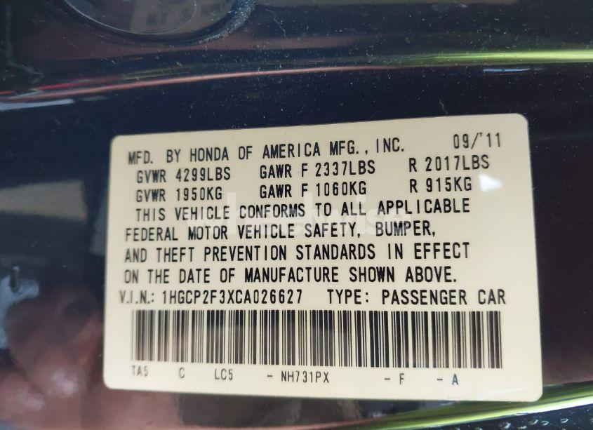 Photo 9 of 2012 Honda Accord 2.4 LX (VIN 1HGCP2F3XCA026627)