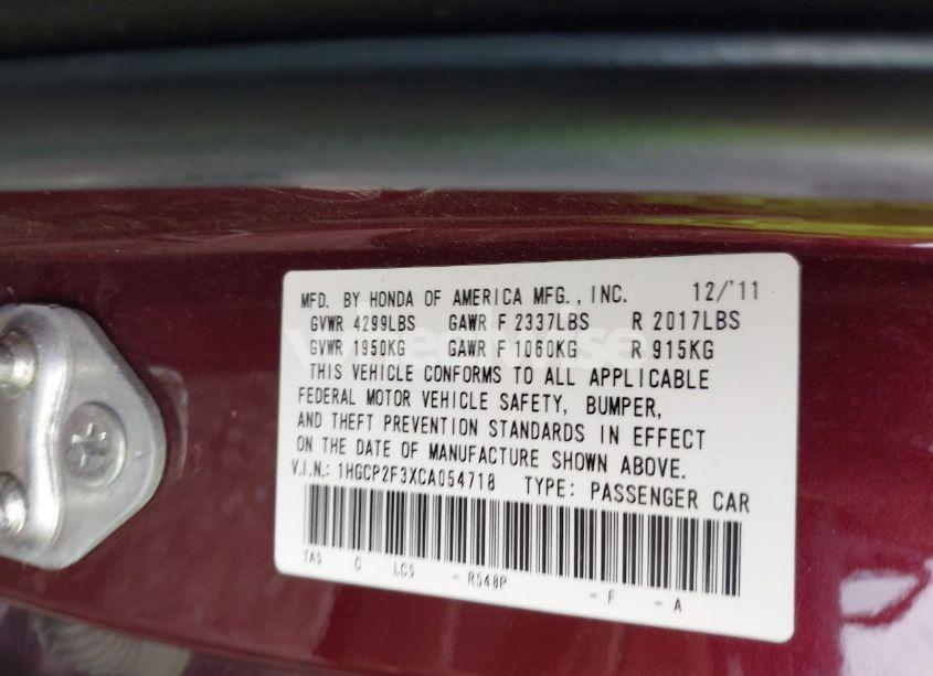 Photo 9 of 2012 Honda Accord 2.4 LX (VIN 1HGCP2F3XCA054718)