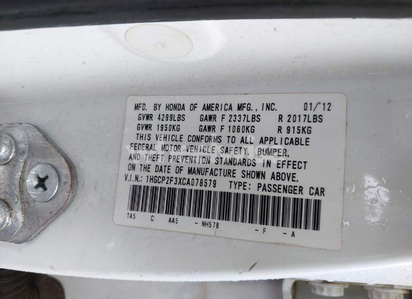 Photo 9 of 2012 Honda Accord 2.4 LX (VIN 1HGCP2F3XCA078579)