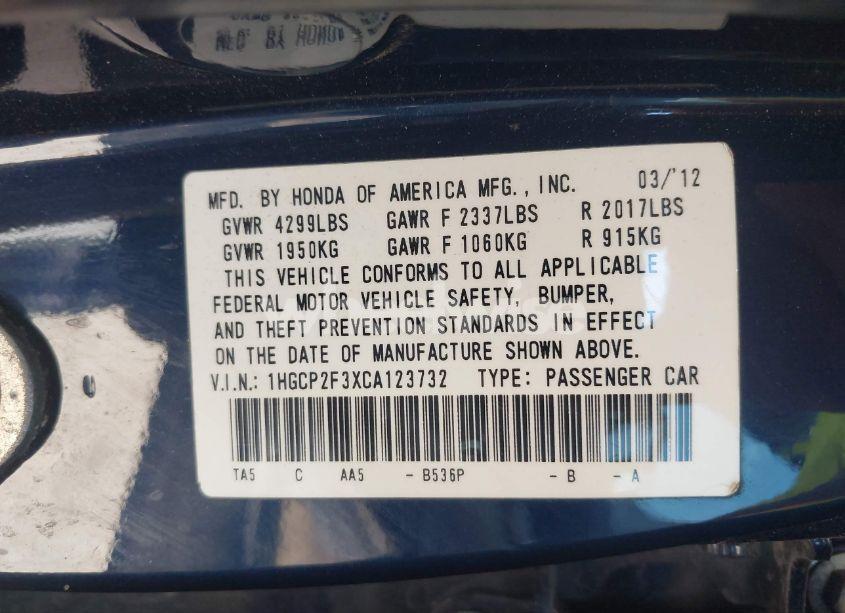 Photo 9 of 2012 Honda Accord 2.4 LX (VIN 1HGCP2F3XCA123732)