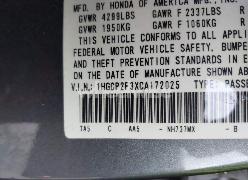 Photo 9 of 2012 Honda Accord 2.4 LX (VIN 1HGCP2F3XCA172025)