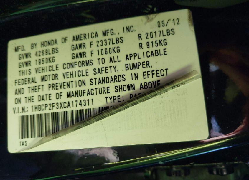 Photo 9 of 2012 Honda Accord 2.4 LX (VIN 1HGCP2F3XCA174311)