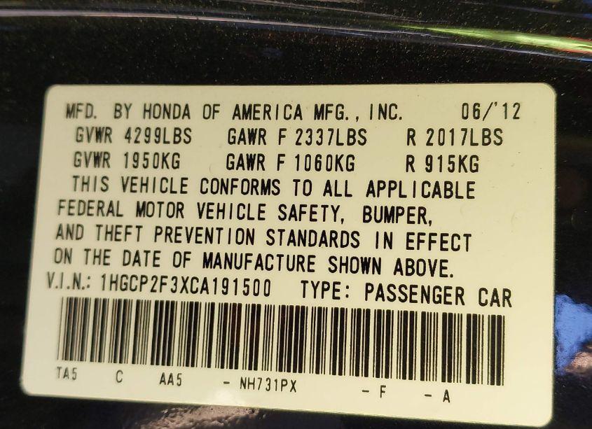 Photo 9 of 2012 Honda Accord 2.4 LX (VIN 1HGCP2F3XCA191500)